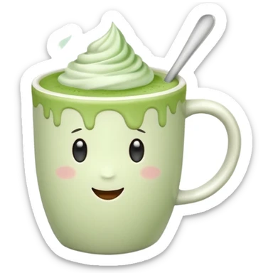 White ceramic mug of matcha latte, pastel pink background sticker