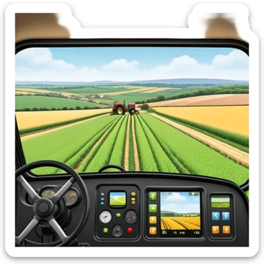 a view from the tractor cabin, with the dashboard in focus, overlooking a vibrant rural landscape. Inspired by Farming Simulator 22, the scene includes fields, crops, and distant barns under a bright sky. The design highlights the immersive experience of farm management. transparent background sticker