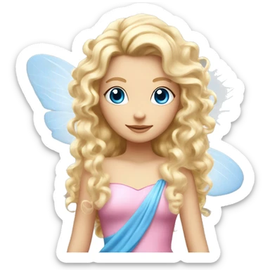 Fairy, a blonde hair with blue eyes and a pink dress with sparkly wings. White wings. The fairy has long, curly hair with a lot of volume sticker