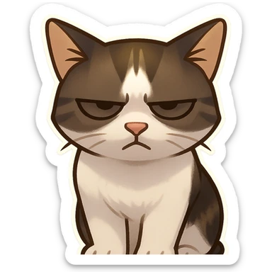 A cat with an impatient expression, frowning and squinting eyes. The light from above is shining vertically, and the face is in the shadow, making the cat's face more serious. sticker
