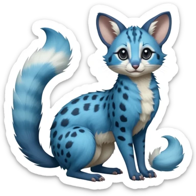 Cyan-blue, dark-cobalt-blue-pointed, soft realistic romantic vintage antique divine beautiful elegant pretty precious cute young youthful  Fakémon-Pokémon-opossum-feline-mouse-serval-caracal-chinchilla-Minccino-Cinccino-Meowstic-rodent-hybrid-creature with a big fluffy bushy tail (full body) sticker