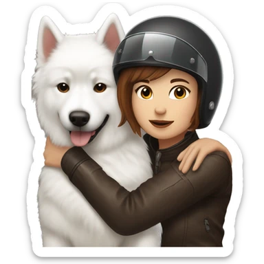Girl biker white skin and brown short hair with a agv helmet hugging a Samoyed sticker