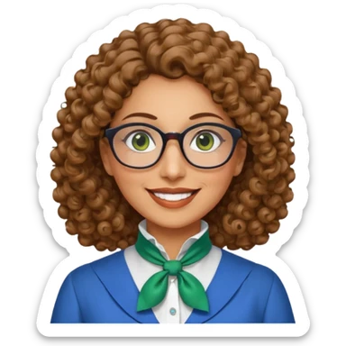 40 yr old Iranian woman, light brown very curly thick hair, shoulder length hair, green eyes, tan skin, big smile, big glasses, blue dress shirt with white cravat on neck sticker