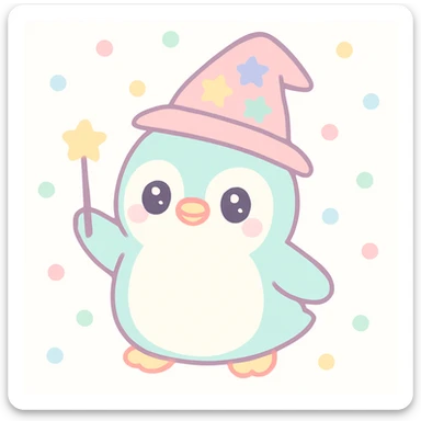 {
  "style_description": {
    "overall_look": "Cute, minimal, and soft with a friendly and playful tone",
    "material_simulation": {
      "primary_material": "flat digital color",
      "texture_detail": "smooth surfaces with no texture or shading",
      "pattern": "none or very simple decorative accents (e.g., hearts, stars)"
    },
    "geometry": {
      "edge_style": "rounded, soft curves with no sharp angles",
      "dimensionality": "flat two-dimensional appearance with simple shapes"
    },
    "color_palette": {
      "scheme": "pastel and light tones",
      "preferred_colors": ["pink", "mint", "lavender", "baby blue", "peach"],
      "contrast": "low contrast with bright accents"
    },
    "facial_features": {
      "eyes": "large, sparkly, often oval or circular",
      "mouth": "small, often a simple curve or dot",
      "expression": "joyful, innocent, or calm"
    },
    "lighting": {
      "type": "none or implied with soft highlights",
      "purpose": "maintain a clean and cheerful look"
    },
    "render_constraints": {
      "avoid": ["realistic shading", "high detail", "dark themes", "texture noise"],
      "focus_on": ["cute expression", "iconic simplicity", "emotional warmth"]
    },
    "background": {
      "color": "white or soft pastel",
      "style": "plain or patterned with simple icons (e.g., polka dots, stars)",
      "lighting_consistency": "no shadows, evenly lit feel"
    }
  }
}

{subject} = penguin wizard sticker