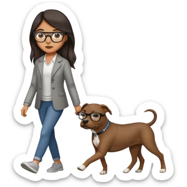 Girl with glasses and long dark hair walking grey pitbull sticker