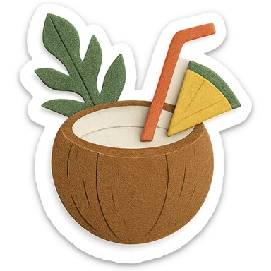 pina colada in a coconut shell with a straw and tropical leaves in paper-craft style sticker