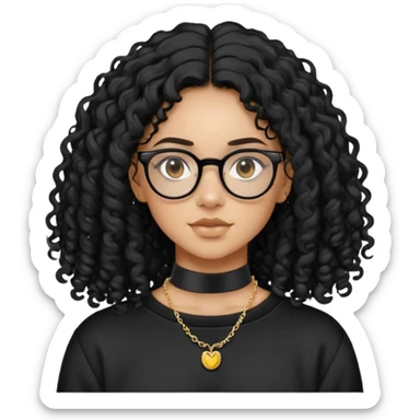 Mixed girl /curly long hair black / with black eyes glasses black sweat shirt middle part flat piercing and small thin gold choker  sticker