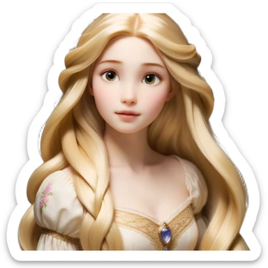 Cinematic Realistic Rapunzel Portrait, with porcelain-like skin featuring a subtle, natural glow, illuminated by soft lighting that brings out the gentle contours of her face. Her long, golden blonde hair cascades in detailed waves, each strand highlighted with a radiant shimmer as it catches the light. Her bright, expressive green eyes exude curiosity and warmth, framed by delicate lashes and soft, arched brows. Her expression is playful and vibrant, with a gentle smile. She is dressed in her classic lavender and pink gown, the fabric textured with delicate folds that flow naturally, catching the light with a soft, radiant glow. The portrait captures a luminous, enchanting aura, seamlessly blending realism with a whimsical, fairytale charm, evoking a timeless sense of beauty and magic. sticker