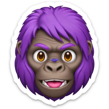 purple haired gorilla head, apple style emoji, no text, facing slightly left sticker