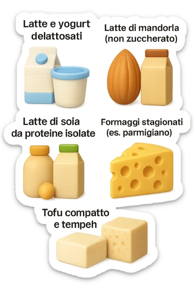 emoji stile iphone 3d di questi elementi che fluttuano in aria:

Latte e yogurt delattosati
Latte di mandorla (non zuccherato)
Latte di soia da proteine isolate
Formaggi stagionati (es. parmigiano)
Tofu compatto e tempeh
 che fluttuano in aria,  le etichette scrivile in italiano, iperealistico 4k sticker