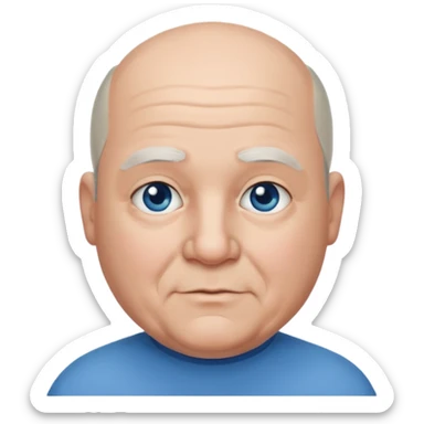 75,  bald, grey side hair, chubby, blue eyes, chin hair sticker