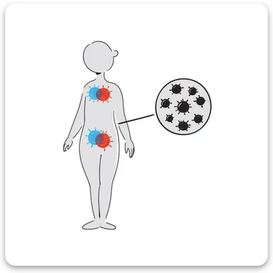 Medical illustration of anti-inflammatory process: transparent human body with highlighted joints, cool blue healing energy neutralizing red inflammation areas, small circular inset showing immune cells becoming calm, clean clinical style with soft futuristic background sticker