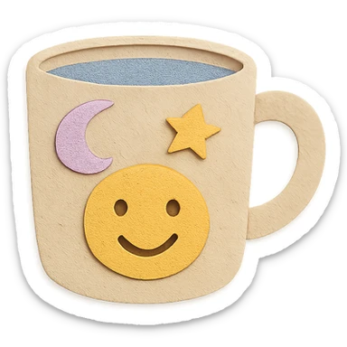 coffee cup with pastel moon and star doodles, smiling face, hand-drawn style sticker