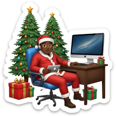 Informaticien homme noir full-body, week-end détente, assis à son bureau moderne avec ordinateur affichant du code.. À côté de lui, le Père Noël souriant, sapin illuminé et cadeaux autour. sticker