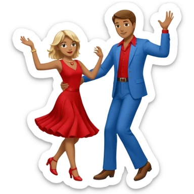 Two people. Man  wearing all red  with brown hair. Women iall blue with blond hair. Swing Dancing.  sticker