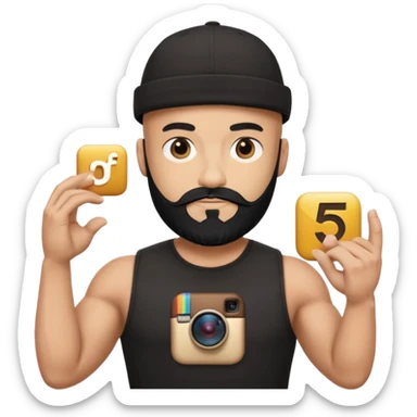 Muscular bald man with black beard wearing cap, holding giant Instagram logo, golden "500" floating above, minimal emoji style, white background sticker