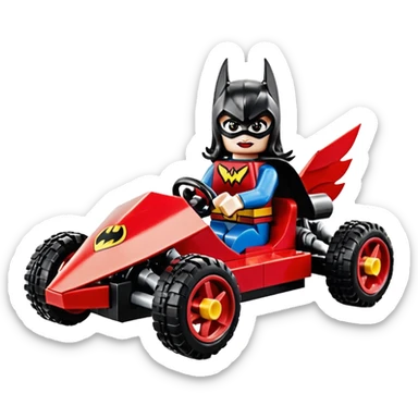 Hot full size real size-appearance electric racing action Lego BatWoman’s feminine midnight-colored tight outfit sixty’s tv show 1992 dark stealthy sporty safe plush petite off-road pursuit cruiser car rose gold accents (black hair,reclined and relaxed torso and shoulders seating position) go kart  sticker