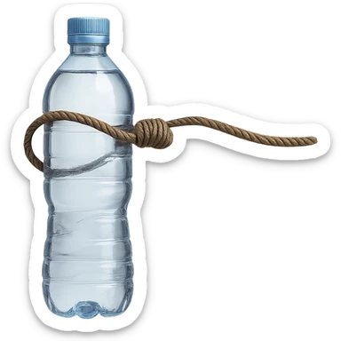 Create an image with the same rope and loop as the reference image, but replace the cheese with a realistic water bottle. The style should be realistic with natural details. Remove the background. sticker