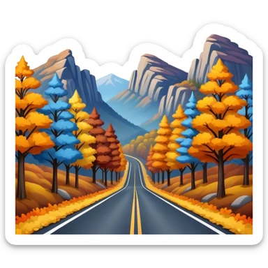 An asphalt road through the blue mountains and autumn colored trees sticker