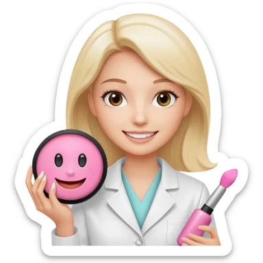 woman in a laboratory coat smiling holding a makeup cushion symbolizing new cosmetic technology sticker