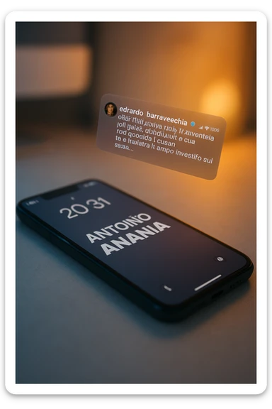 A photo of an iPhone with the message "Antonio Anania" on its scree, both surrounded by soft light and shadow. The phone sits atop a desk with a blurred background that suggests work environment. A faint glow from above casts gentle shadows across the surface of each object, creating depth and highlighting their textures. sticker