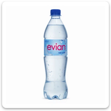 Evian water bottle, realistic, clear plastic, blue and pink label, condensation, white background sticker