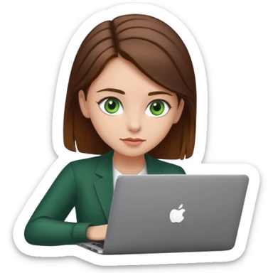 fată cu ochi verzi și păr șaten strâns în partea din spate a capului, lucrând pe un laptop sticker