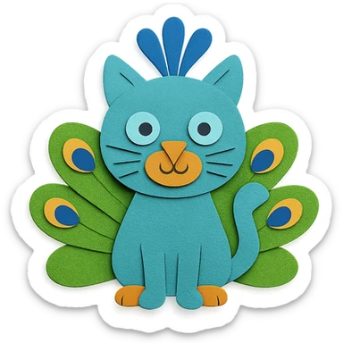 silly peacock with a cat in paper craft style sticker
