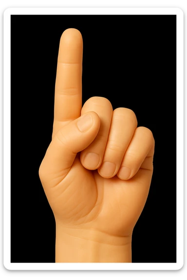 Create an image of a single hand viewed from the back, standing vertical with the pointer finger extended. The hand should be skin-colored, toy-like, and highly detailed, with a soft, squishy, retro plastic look. No background or other elements in the image. The style should reflect a soft, squishy, retro plastic toy aesthetic. sticker