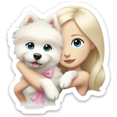 Blond girl white skin blue eyes hugging white Pomeranian with light pink bow sticker