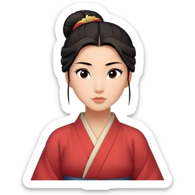 Cinematic Serene Mulan Portrait Emoji, rendered in a simplified vector style. Depict a gentle Mulan (chest and above) with warm, radiant skin, sleek dark hair pulled back in a neat bun, and a calm, thoughtful expression, wearing a simple traditional robe in muted hues. The design glows softly with an elegant, inviting light. sticker
