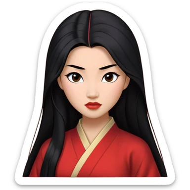 Cinematic Realistic Mulan Portrait, depicted with lifelike skin texture, soft natural lighting, and intricately detailed long black hair styled elegantly. Her deep, expressive eyes exude determination and grace, complemented by a serene yet confident expression. She is dressed in her classic attire, with rich fabric textures and delicate folds that catch the light beautifully. The portrait features a soft, enchanting glow with a natural, radiant finish, capturing the essence of timeless strength and beauty in a realistic and painterly style, evoking a sense of depth and authenticity. sticker