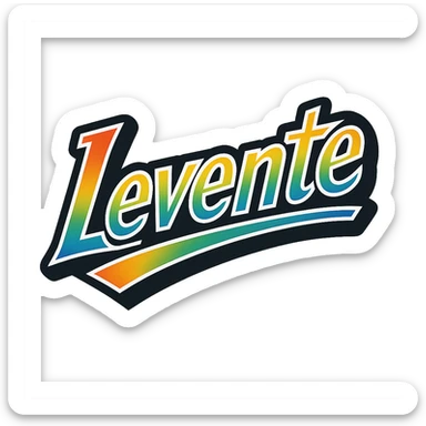 The name 'Levente' in modern, precise Hungarian letters with a rainbow gradient fill, extra thick white letter outline, dark contour, transparent background, dynamic slanted underline, in the style of the reference sample images. sticker