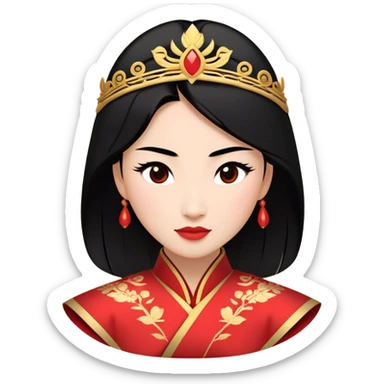 Cinematic Majestic Mulan Portrait Emoji, rendered in a clean, vector-style with bold, simplified shapes. Depict Mulan with a serene, noble expression, warm light skin, and neatly styled black hair, dressed in traditional attire featuring subtle red motifs and gold trim. The image glows with a calm, majestic aura, high shine, and a soft glowing outline, embodying classic elegance. sticker