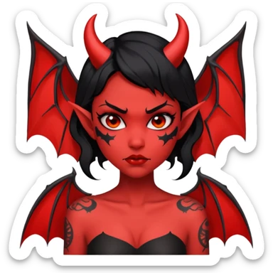 Demon girl: red skin, black hair, small horns, bat wing; tattoo-flash comic style; red/black palette; bold outlines; dark background; no text. sticker