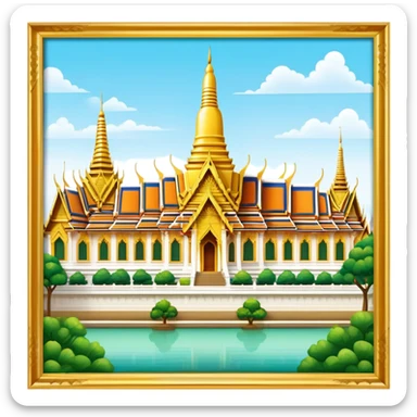 Cinematic Realistic Grand Palace Bangkok Landmark Emoji, showcasing the opulent golden spires, intricate Thai architecture, and the Emerald Buddha Temple set within a vibrant, manicured courtyard. sticker