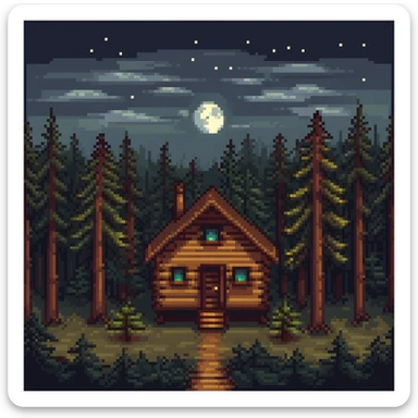 cozy wooden cabin in dark pine forest with moonlight sticker