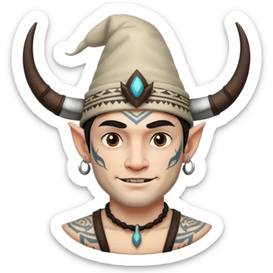 Man white skin with horned hat — tribal tattoos, smirk. sticker