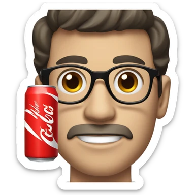 White man with black hair and glasses holding a Coca Cola can sticker