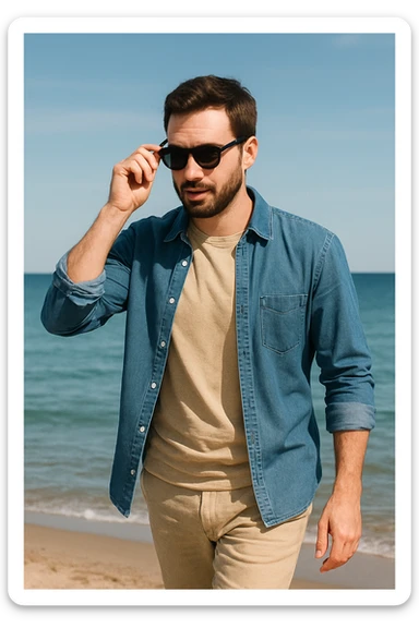 uomo passeggia a mare e si mette gli occhiali da sole sticker