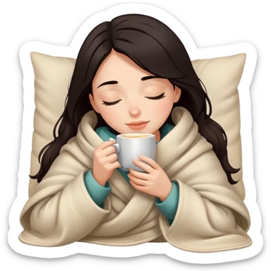 Girl with dark hair snuggled in warm blanket enjoying coffee with peaceful closed eyes sticker
