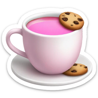 Pink tea in a white cup and cookie sticker