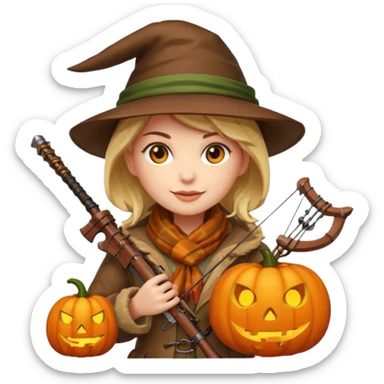 female human monster hunter emoji, wearing brown coat and hat, holding crossbow, soft smile, scarf, glowing pumpkin by her side, Halloween fantasy style, clean vector Apple emoji look, bright colors, white background, square sticker