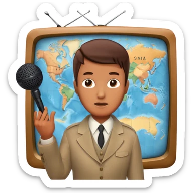 Icon for Documentary Film (TV style): A large vintage TV screen with a serious-looking host standing in front of a map. The host holds a microphone, and the map displays historical or geographical information. Retro TV broadcast style. Transparent background. sticker