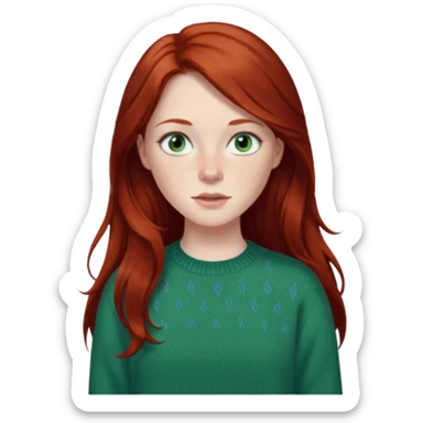 woman with long dark auburn red hair that is mostly straight but has slight waves to it. grey blue eyes. some freckles. wearing a Swedish style sweater that is green. blue grey eyes.  sticker