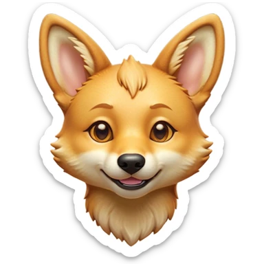 Cinematic Cute Dingo Portrait Emoji, Head tilted playfully and inquisitively, featuring a glossy sandy fur with naturally perky ears and round, sparkling amber eyes filled with curious mischief, Simplified yet irresistibly adorable features, highly detailed, glowing with a warm, friendly glow, high shine, affectionate and spirited, stylized with a touch of outback whimsy, bright and endearing, soft glowing outline, capturing the essence of a mischievous yet loving dingo, so playful it feels like it could bound out of the screen into your arms! sticker