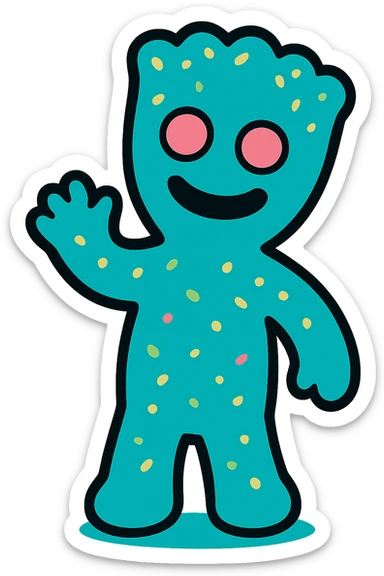 a sour patch kid character waving, vibrant candy colors, playful expression sticker
