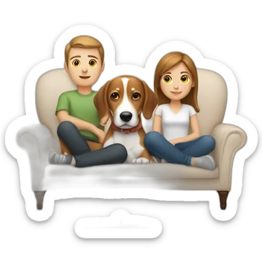Brown hair White boy and girl with beagle Sit on couch sticker
