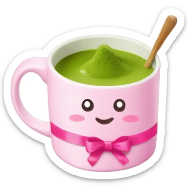 Matcha in a mug decorated with painted pink ribbons coquette sticker