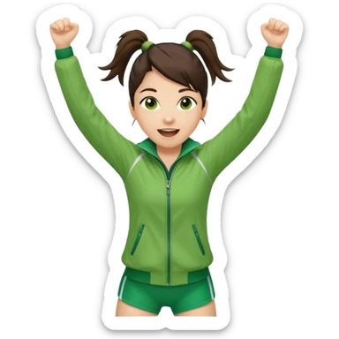 A brunette pony tail hair girl in a sporty green jacket, jumping slightly while cheering loudly. sticker